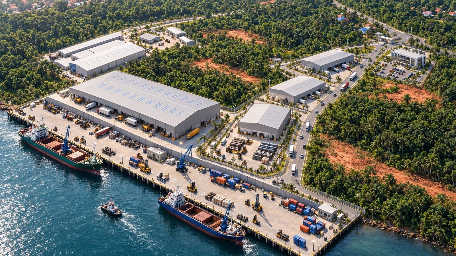 Concept visualisation of the Kariangau Bay industrial and port estate with quay, warehouses and estate road